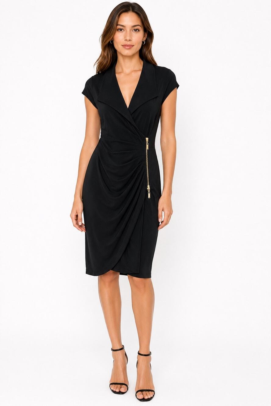 1990s Cache Black Stretch Faux Wrap Zip Dress Women’s XS S